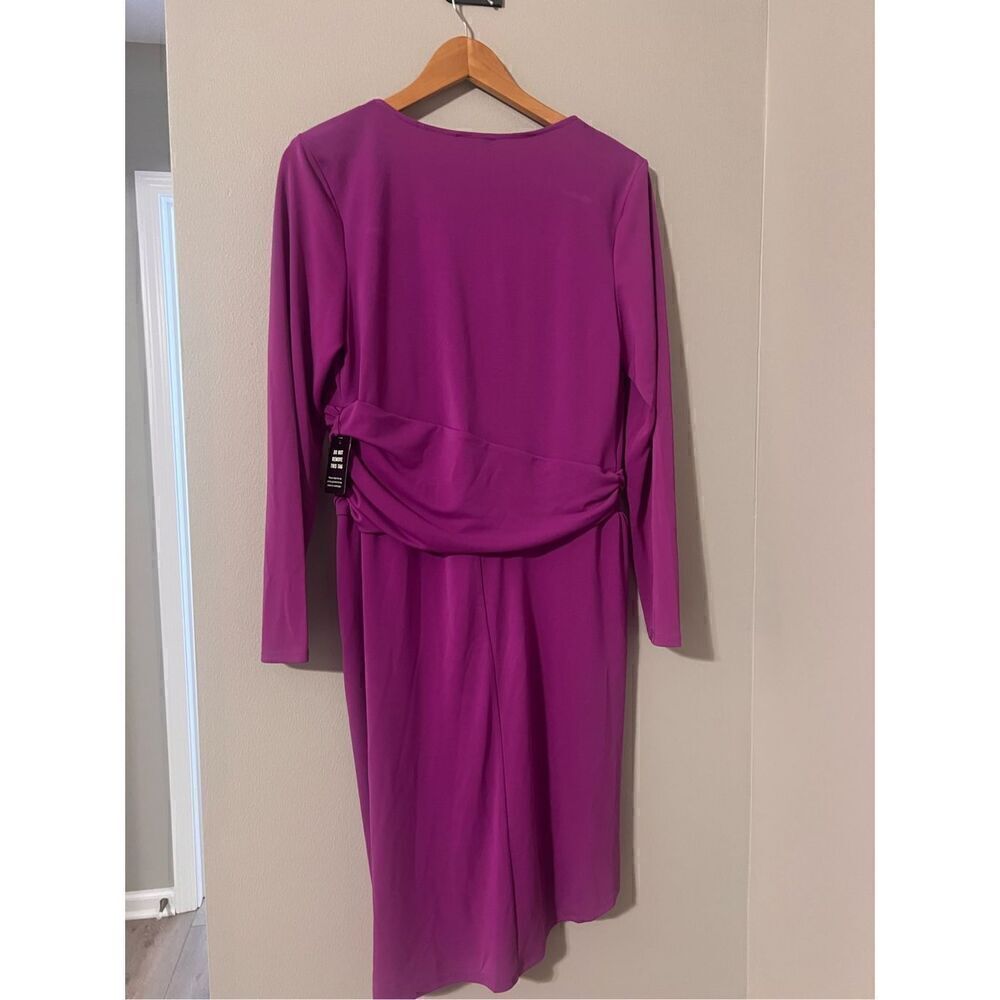 Express L Draped V-Neck Strong Shoulder Mini Dress Magenta Purple Asymmetrical - Picture 4 of 9